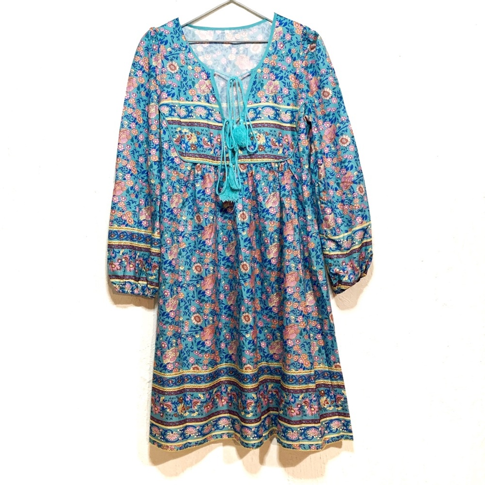 Boho Blue Tassel Long Sleeve Peasant Dress